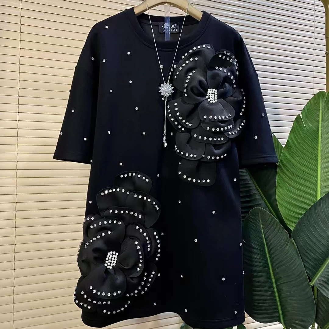 Y-85301胖mm欧货时尚新款重工立体大花朵宽松遮肉大衫