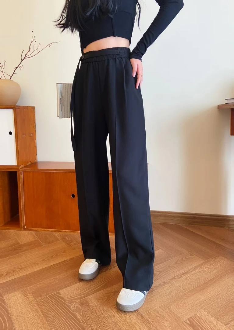 冰丝阔腿裤女夏季新款高腰抽绳肌理感慵懒美式休闲拖地裤