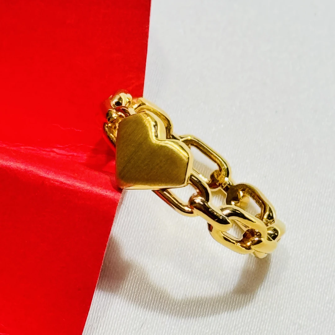 黄金足金999亮锁链哑光爱心5D硬金戒指