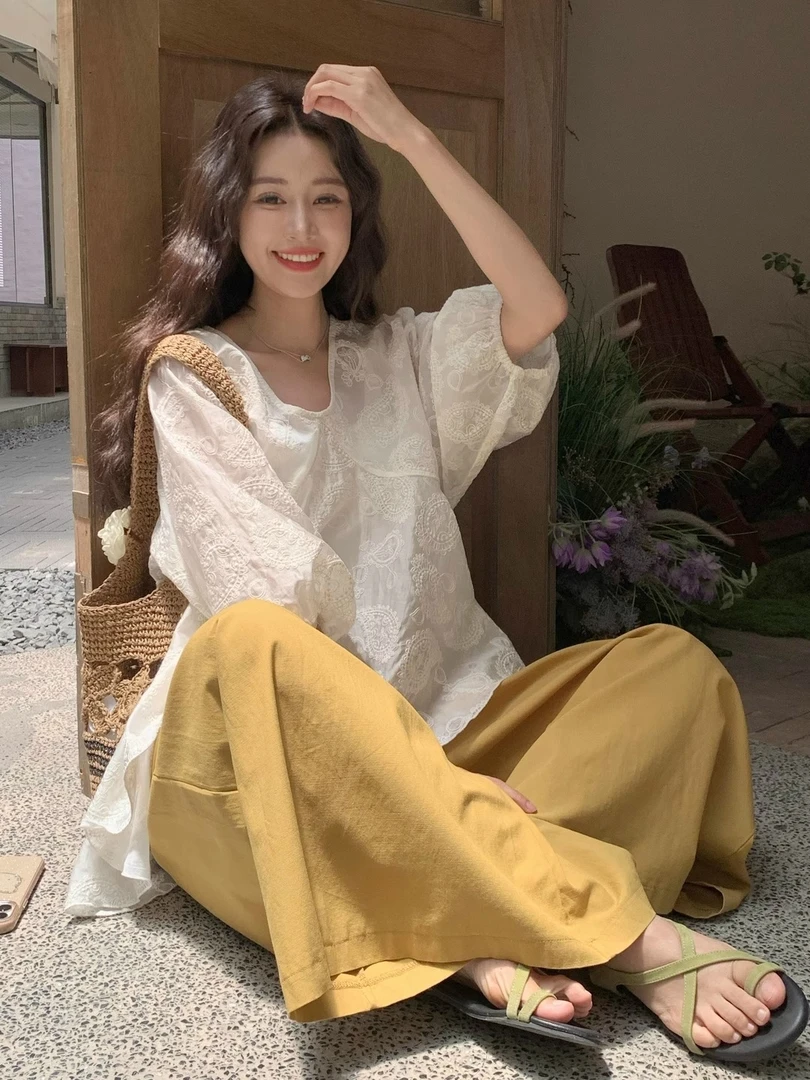 蕾丝刺绣不规则下摆斜边上衣套装女2025夏季南瓜黄阔腿裙裤两件套