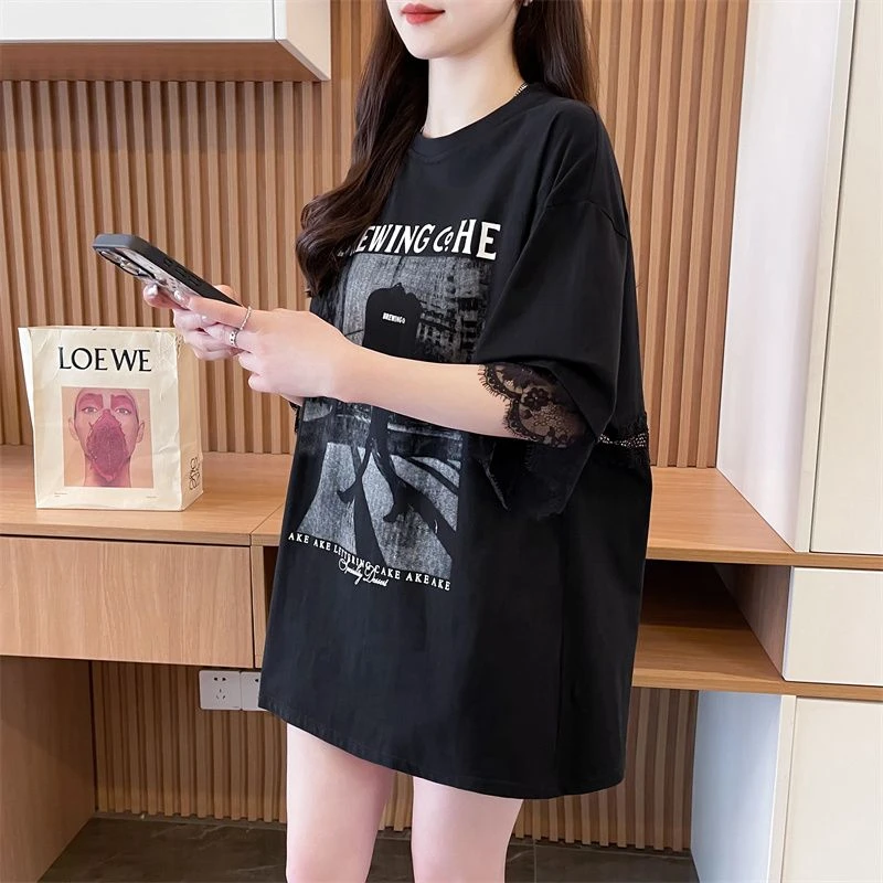 纯棉上衣显瘦拼接吸汗T恤女小众中长款外穿蕾丝韩版短袖时尚上衣