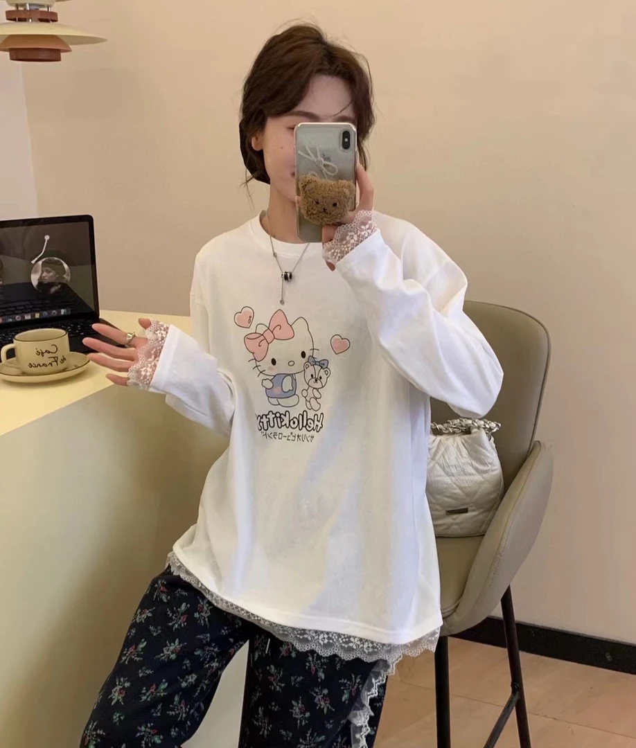 今喜 卡通印花长袖t恤女春秋2025新款蕾丝边拼接内搭打底衫上衣