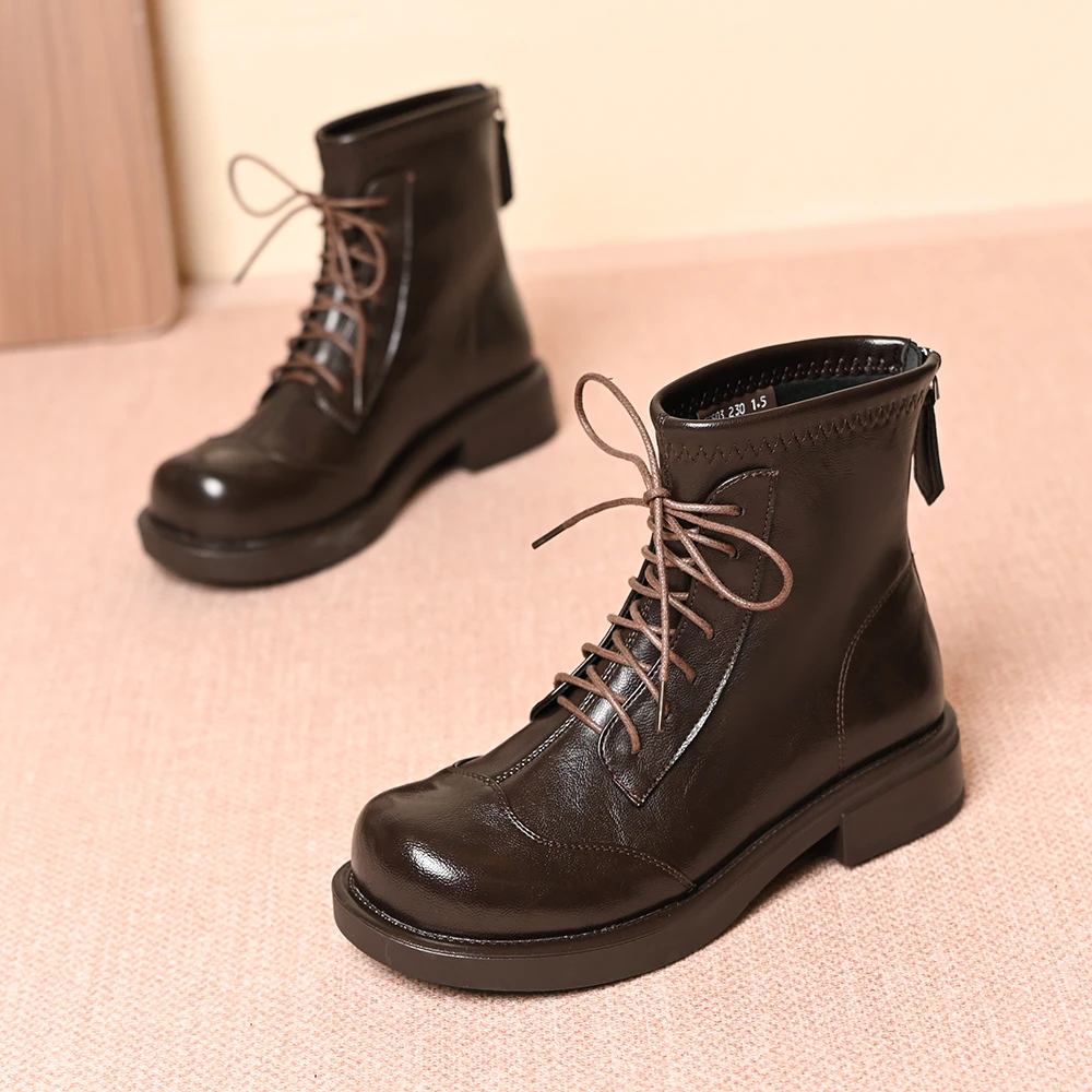 复古芒果头马丁靴女秋冬新款时尚百搭英伦风厚底后拉链系带短靴子