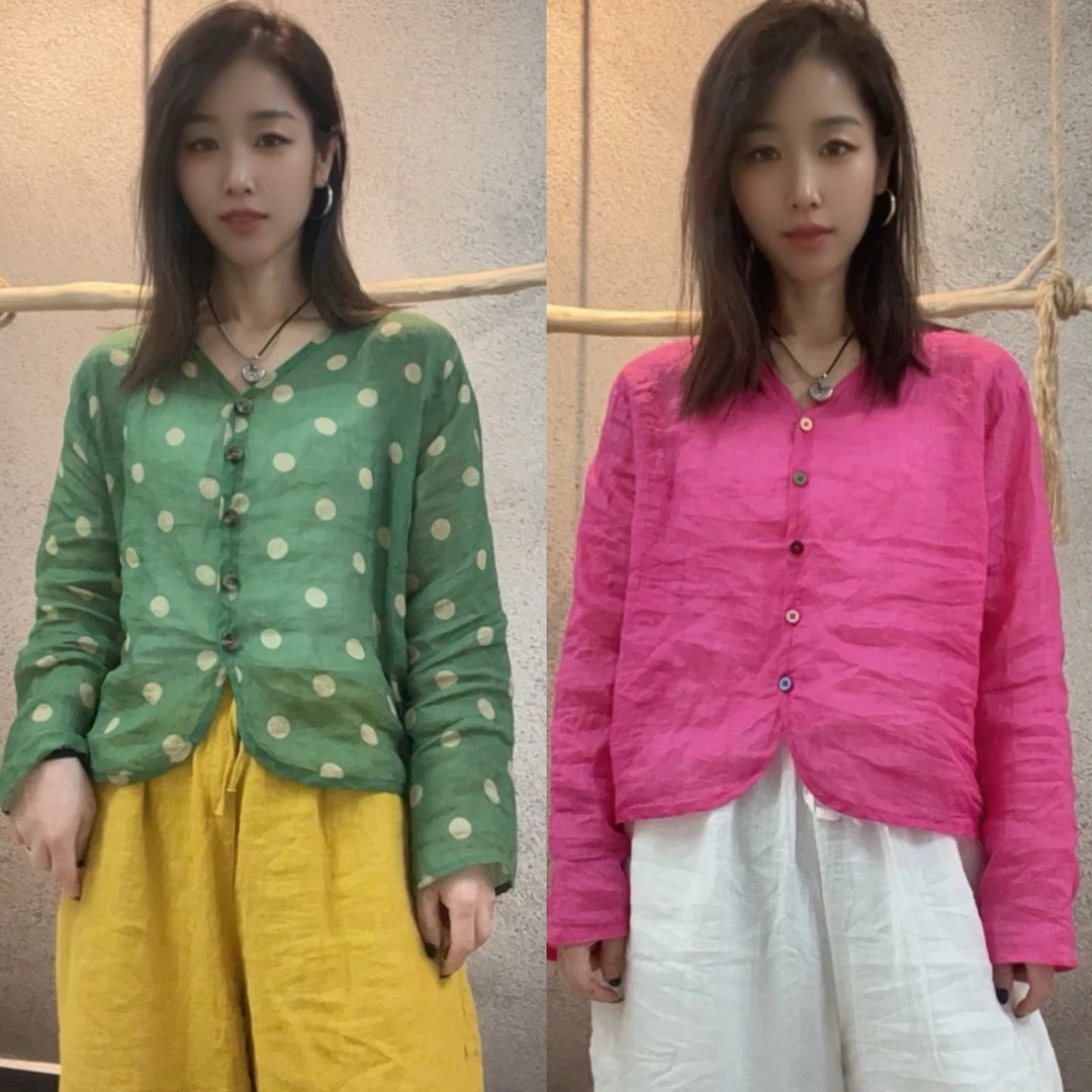 夏季休闲百搭苎麻衫时尚气质短款苎麻长袖女士开衫6507