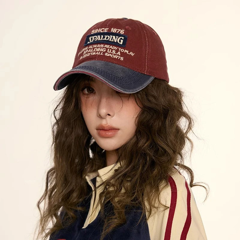 美式复古水洗做旧红色鸭舌帽女拼色字母软顶休闲街头男款棒球帽子