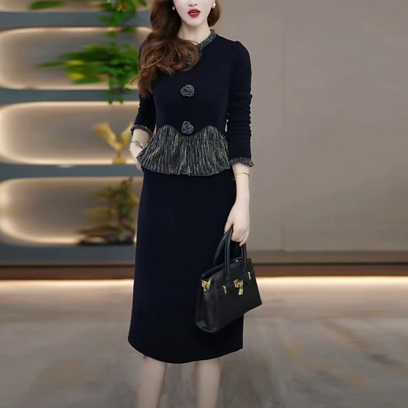 雪花绒气质轻奢女装2025秋冬季新款高级感假两件加厚内搭连衣裙子