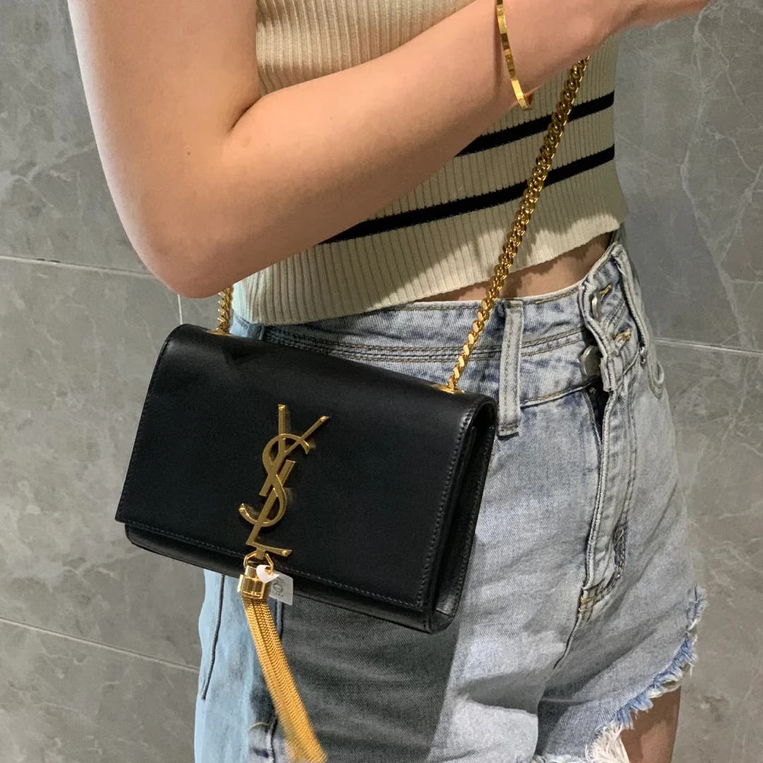 95新 YSL/圣罗兰 黑金光面小号流苏斜挎包/1927