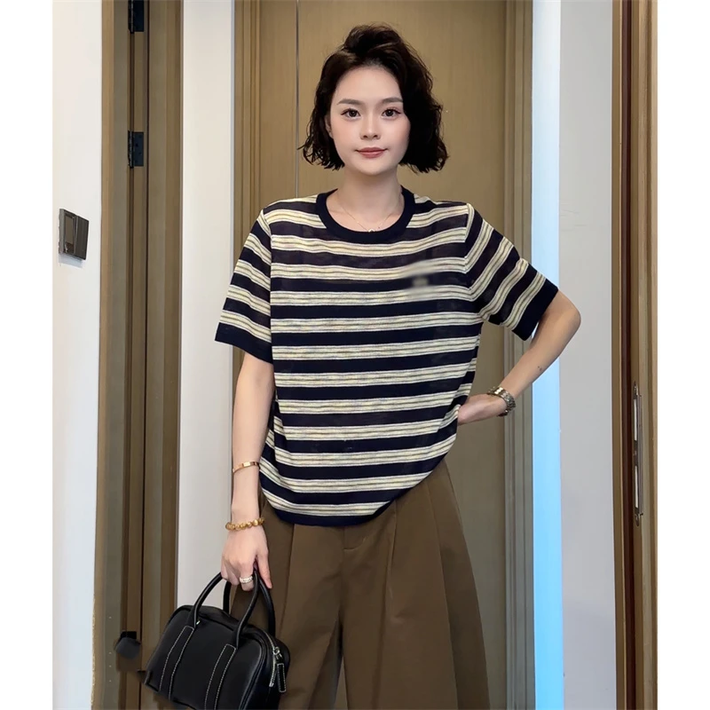 夏日漂亮小上衣高级小众不撞款宽松条纹正肩短袖女装t恤2025新款