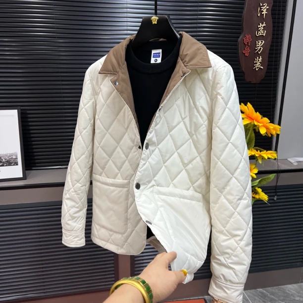 男士冬季新款菱形格翻领商务休闲修身棉服外套25350