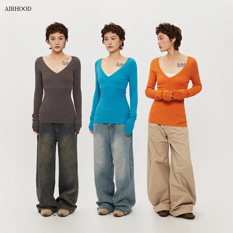 AIRHOOD 纯色深V领长袖针织衫女修身显瘦辣妹内搭打底上衣C5527