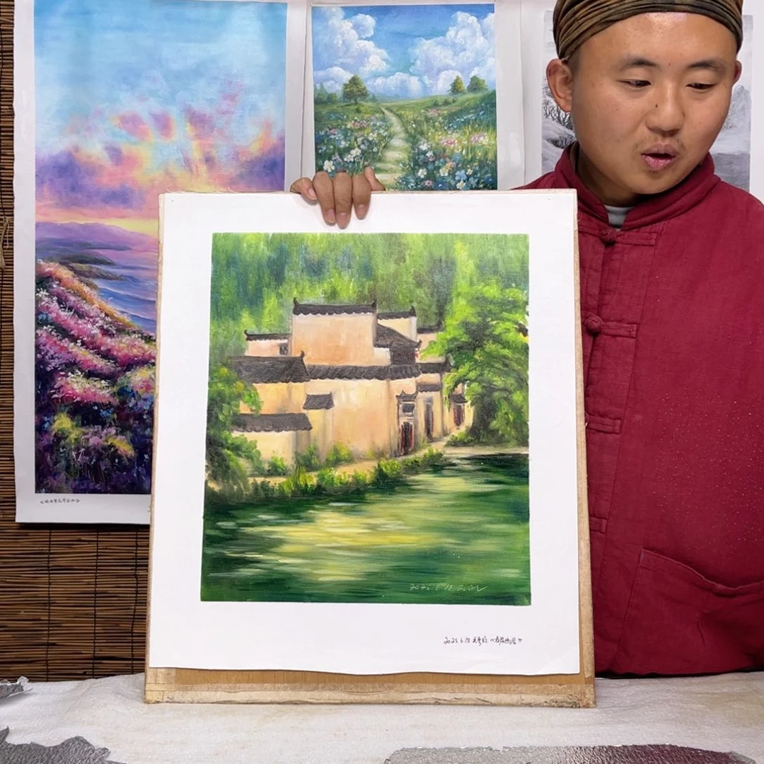 油画行路人小院绘画作品竞拍
