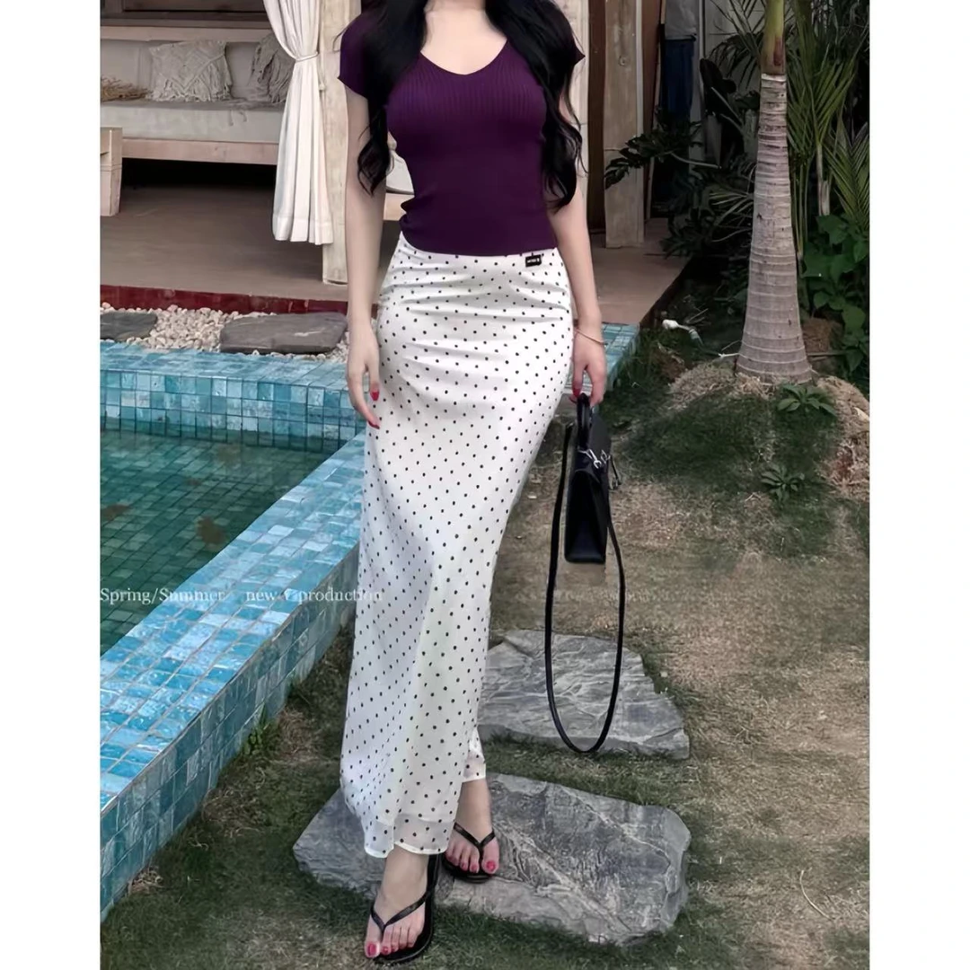 双层长短款可拆卸复古少女波点中腰直筒裙1423