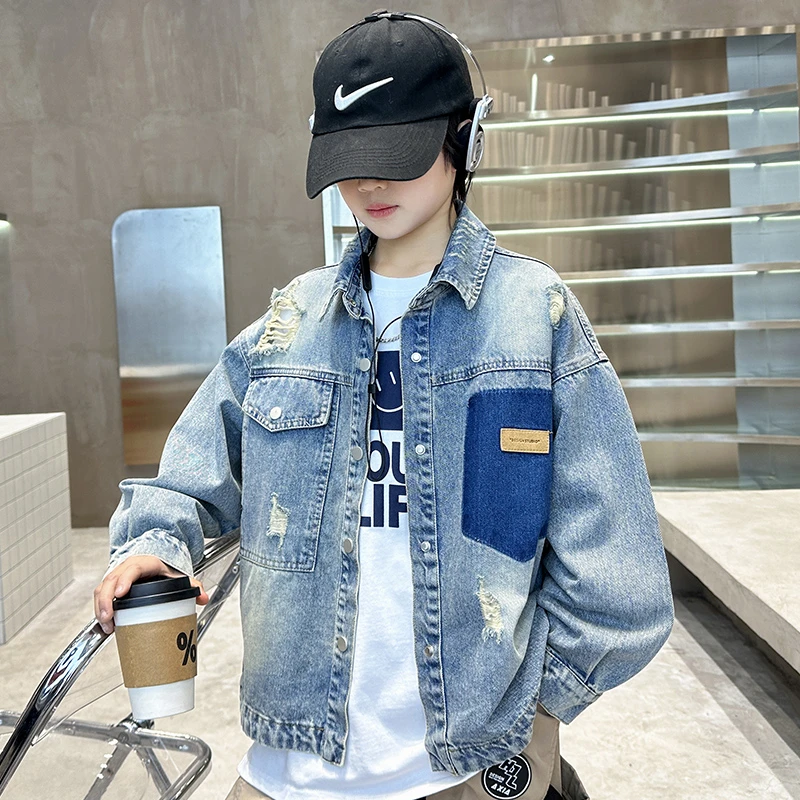 童装儿童春装破洞牛仔外套中大童男童韩版洋气百搭春季衣服帅气潮