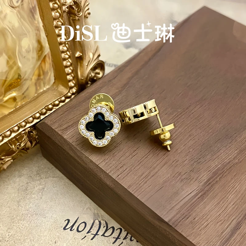 铜合金耳饰 法★【黑色四叶草】复古港风气质耳环高级感个性精致耳钉