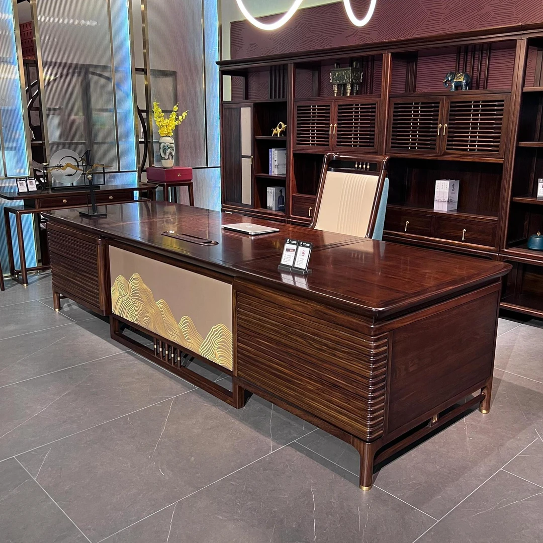 胡桃木办公桌总裁桌椅组合大班台办公桌高端新中式实木框架老板桌
