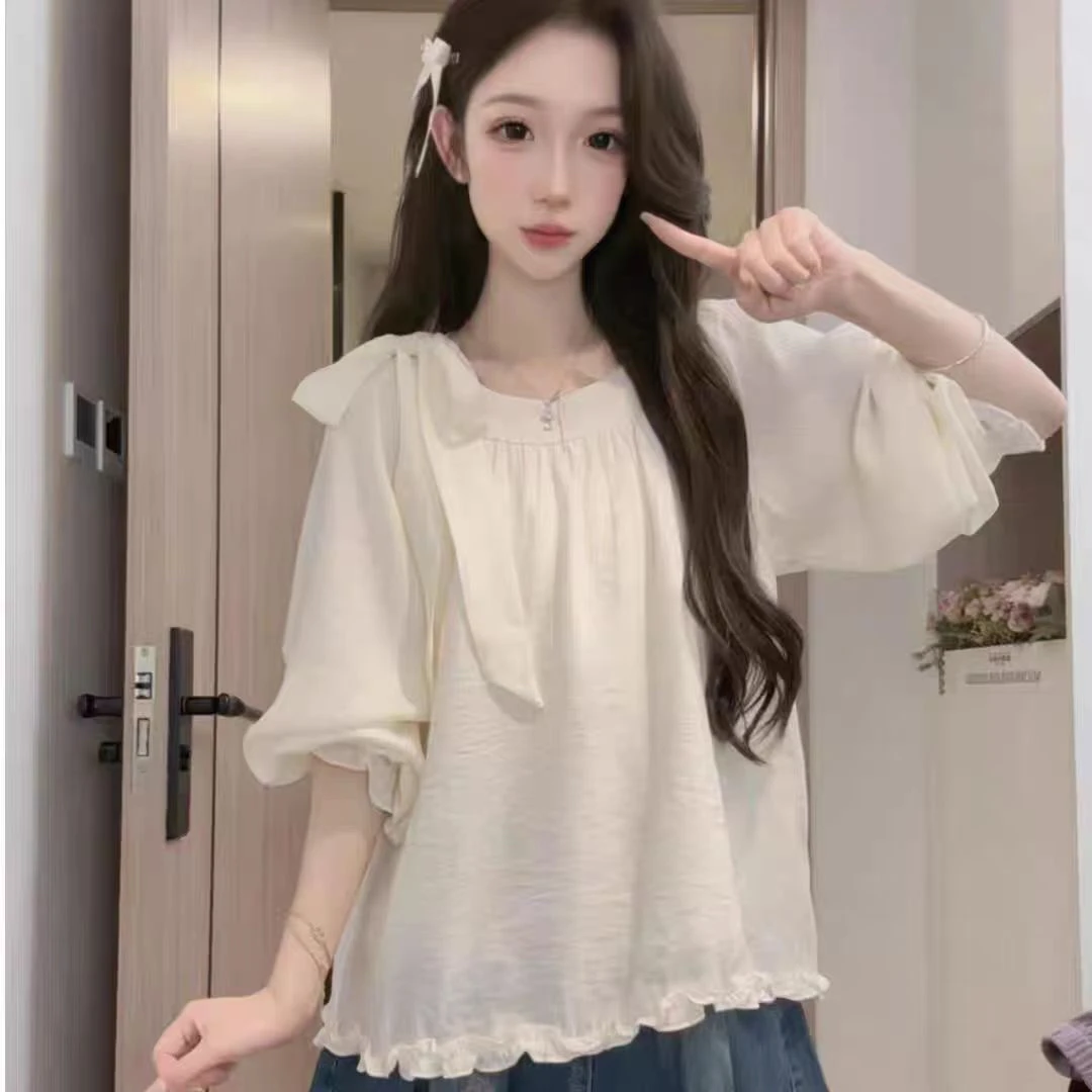 2025年初秋外穿小众小清新长袖上衣蝴蝶结秋季甜美学院风花边宽松