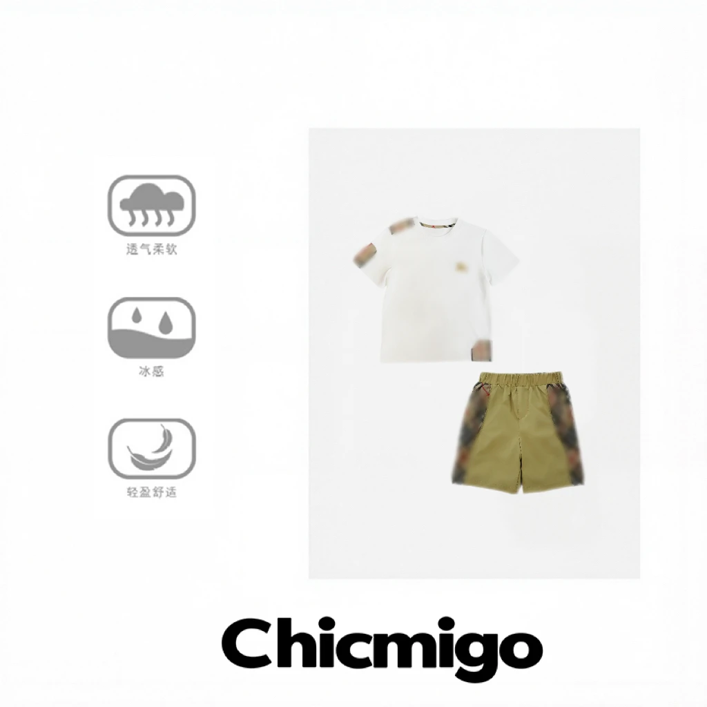 【Chicmigo高定童装】夏季新款童装擦肩格纹轻奢短袖透气冰感T恤装