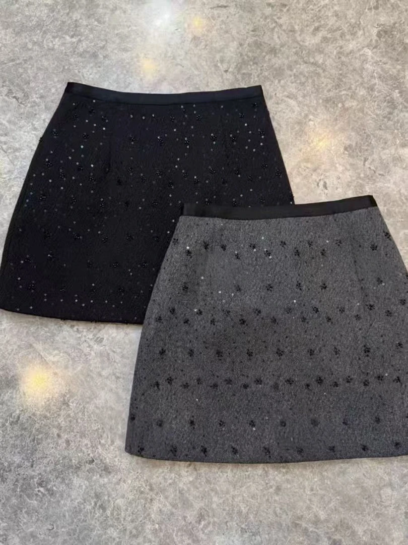 毛呢亮片手工穿珠重工a字半身裙显瘦百搭时尚气质氛围感短裙9520