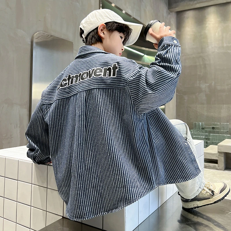 男童牛仔衬衫2025春秋新款儿童装简约条纹牛仔衬衫中大童帅气外套