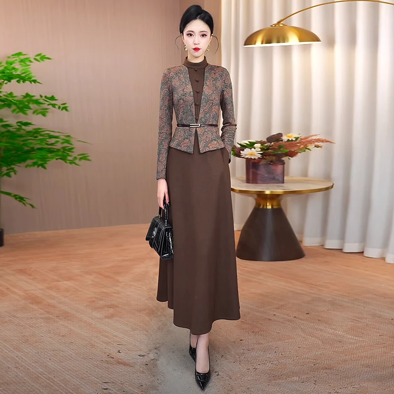 加厚毛呢连衣裙女2025秋冬新款拼接假两件显瘦裙子气质长袖长裙