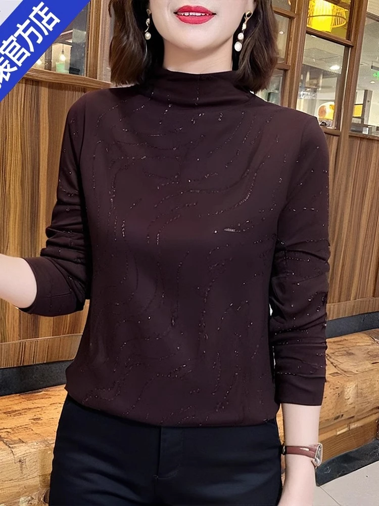 秋冬新款长袖T恤女时尚烫钻打底小衫中年妈妈半高领气质保暖上衣