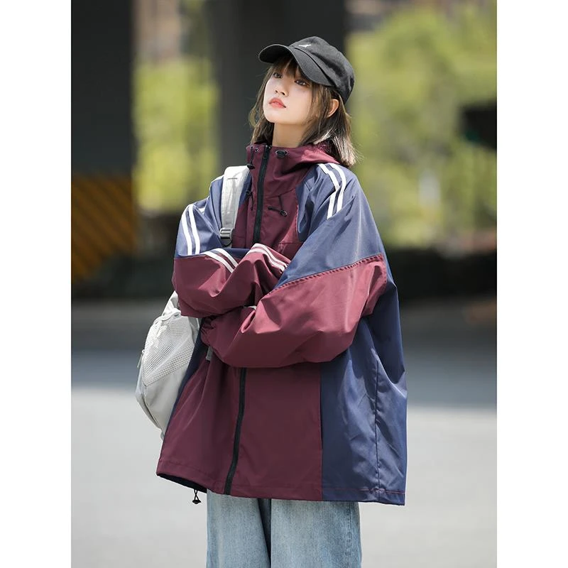 【奥莱断码】美式复古冲锋衣外套女秋季宽松高级感撞色登山服夹克