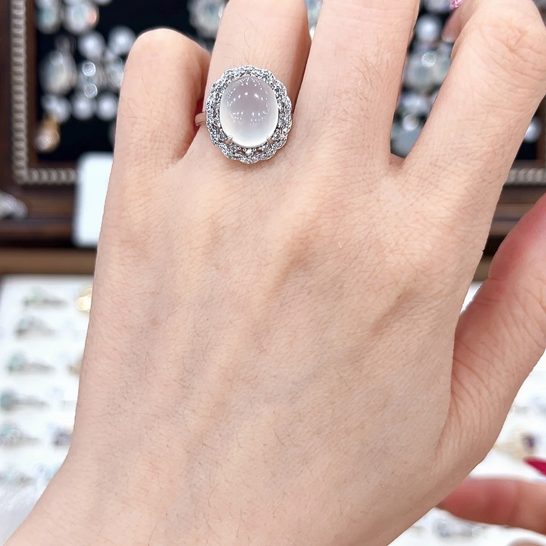 蛇纹石玉银S925镀金镶嵌戒指