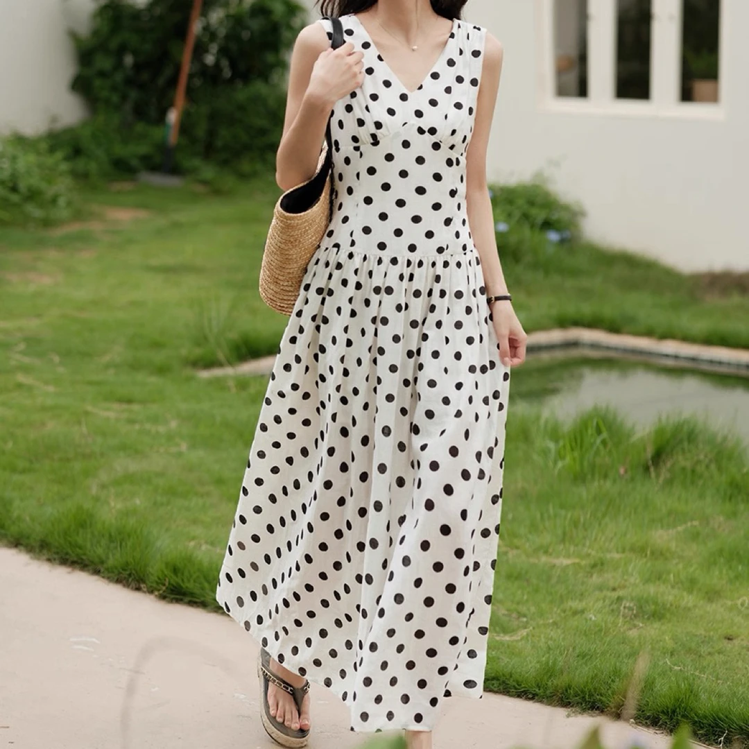 V领无袖波点连衣裙女夏季长裙7809