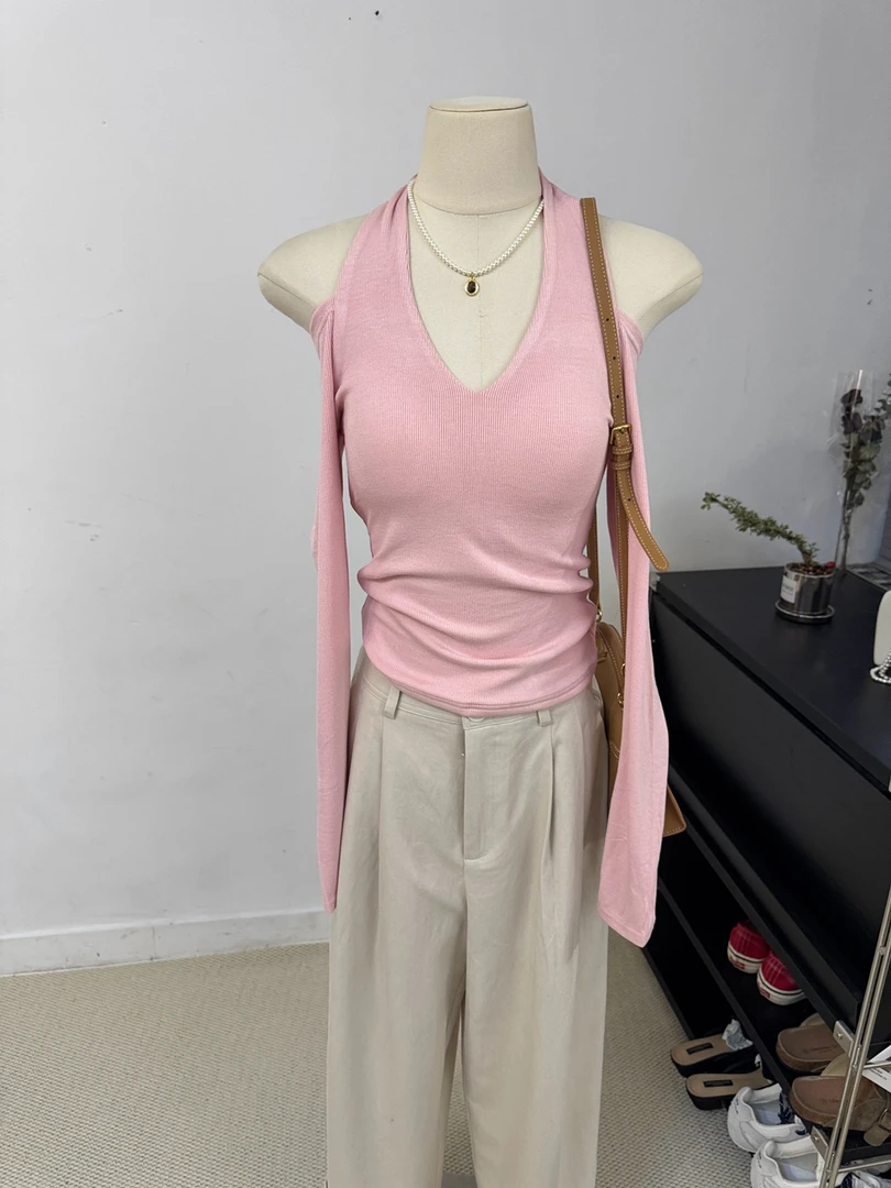 甜辣露肩膀挂脖露背修身长袖T恤女2025春夏新款螺纹棉有胸垫上衣