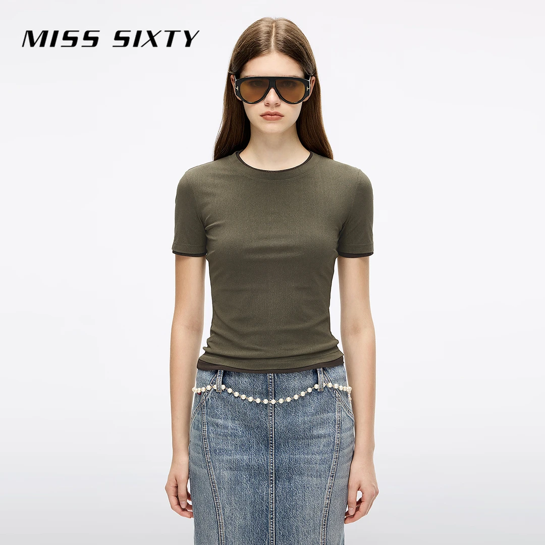 Miss Sixty2025秋季新款短袖T恤女圆领撞色两件套修身显瘦上衣