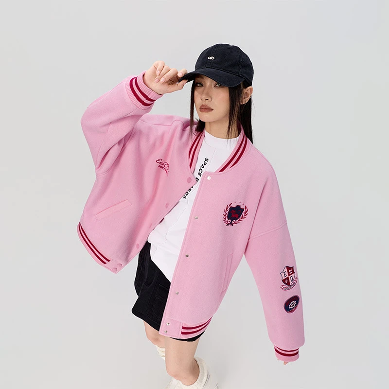 拓谷美式夹棉服呢子外套秋冬厚款宽松潮牌夹克棒球服外套女D52868