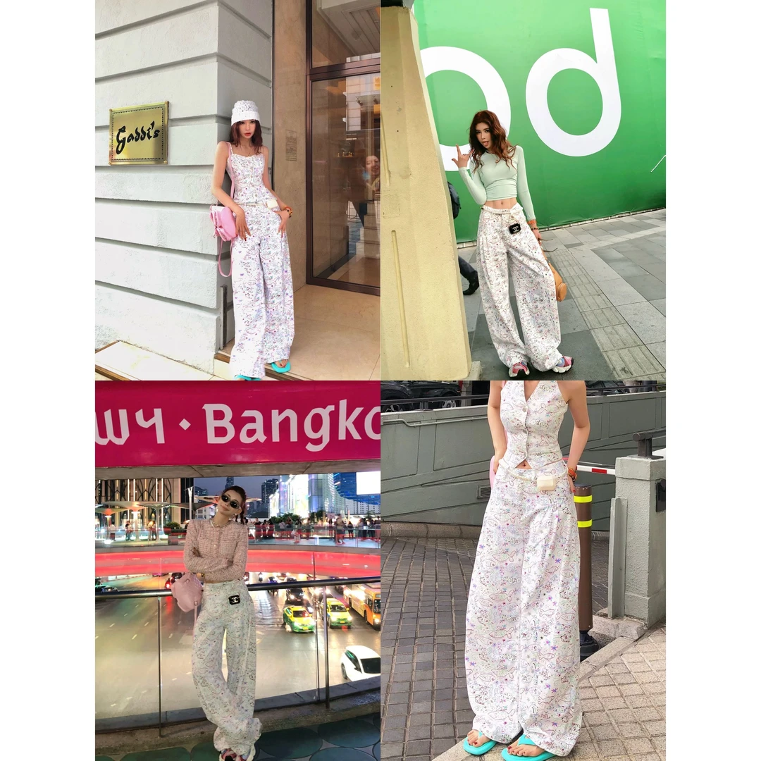 婉君Y【香奶奶25早春小鱼裤】慵懒风印花直筒阔腿裤LWJ25A1K137