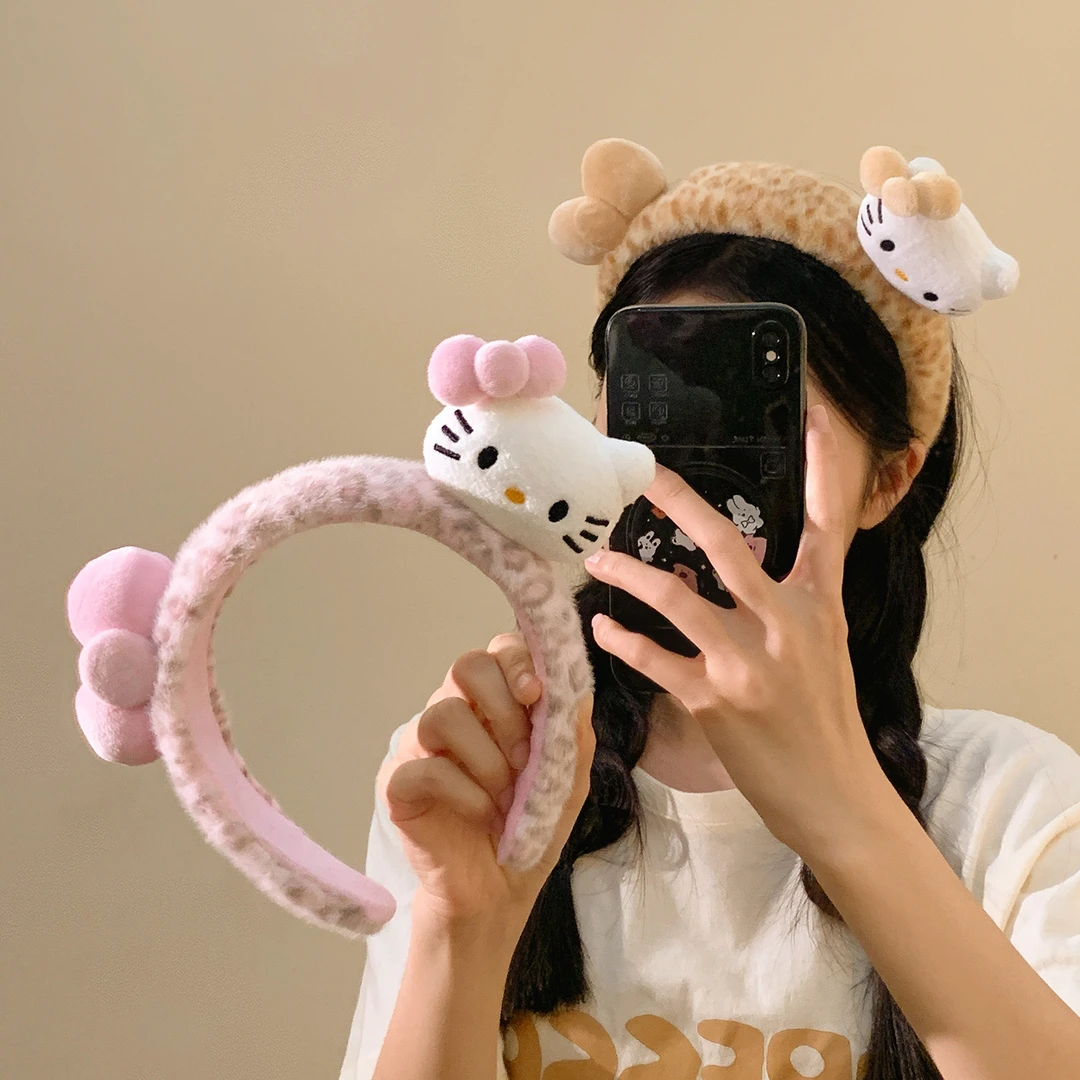 可爱豹纹Kitty猫蝴蝶结毛绒发箍女卡通可爱头箍洗脸发卡秋冬头饰
