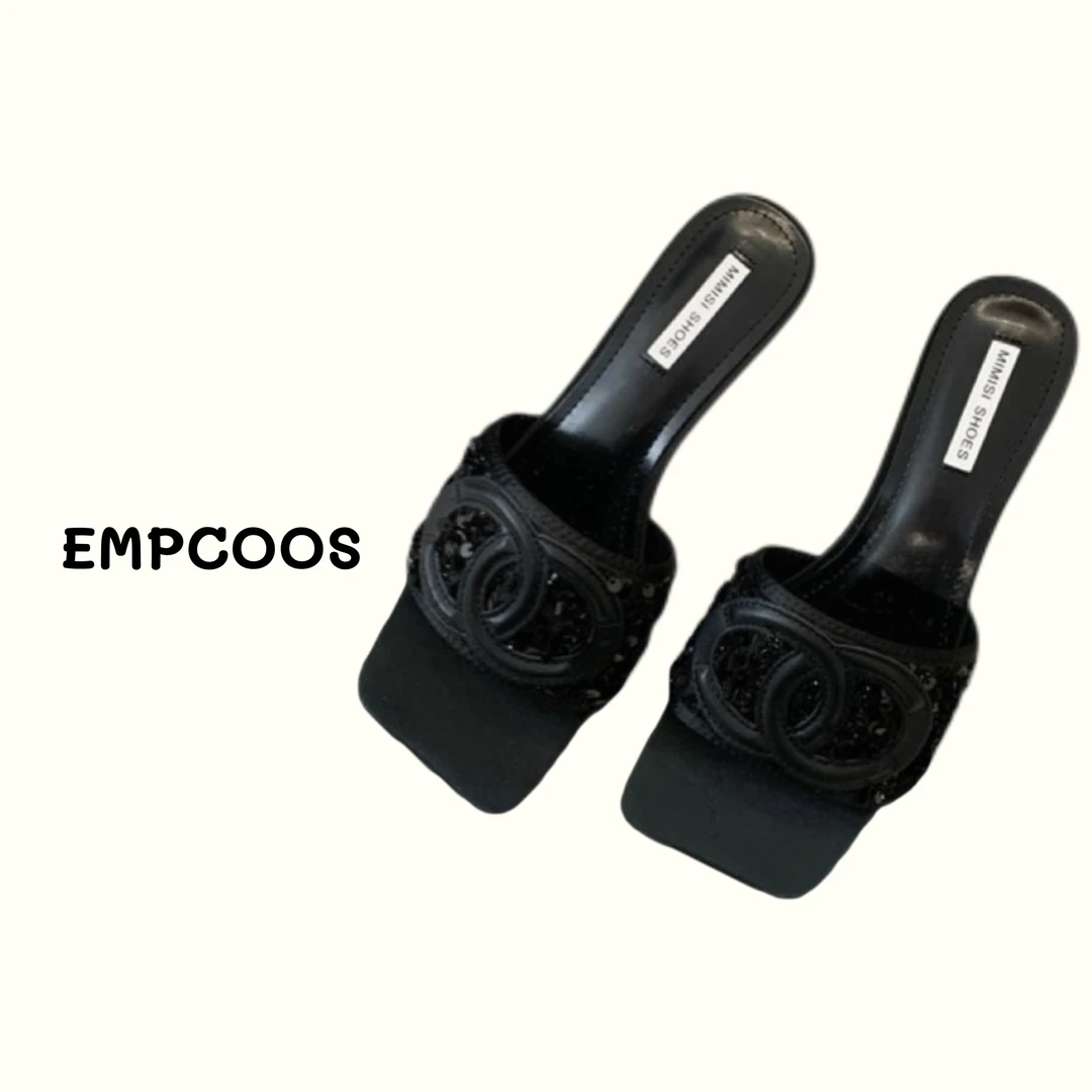 【EMPCOOS】高版本小香风亮片细跟方头拖鞋 自行DIY
