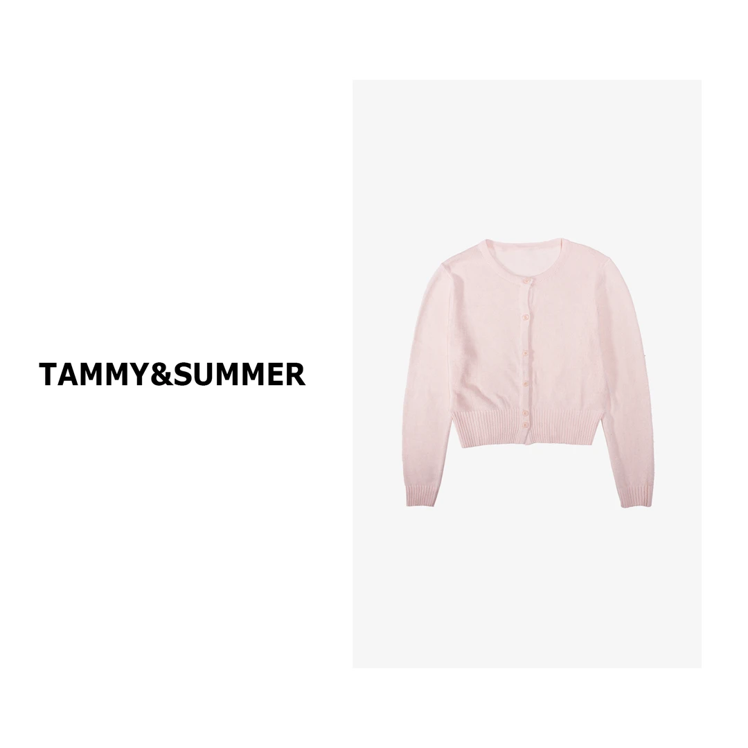 【Tammy&Summer】粉色时尚休闲百搭长袖单排扣针织开衫圆领上衣2115