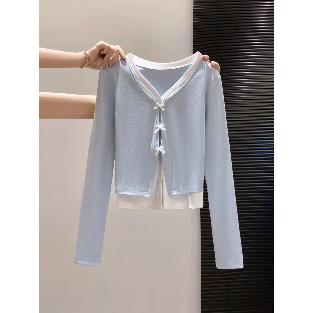 蝴蝶结撞色v领假两件女上衣早秋季新款修身短款外穿拼接打底上衣