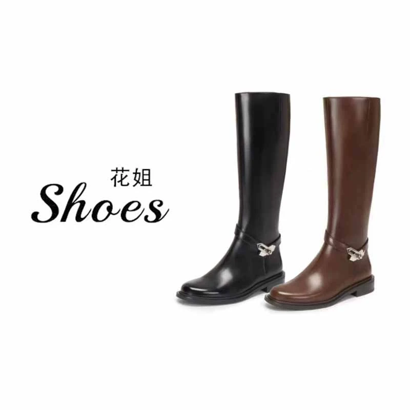 Ly9236-16厚底骑士靴女粗跟银扣复古百搭高筒靴侧拉链长筒靴女