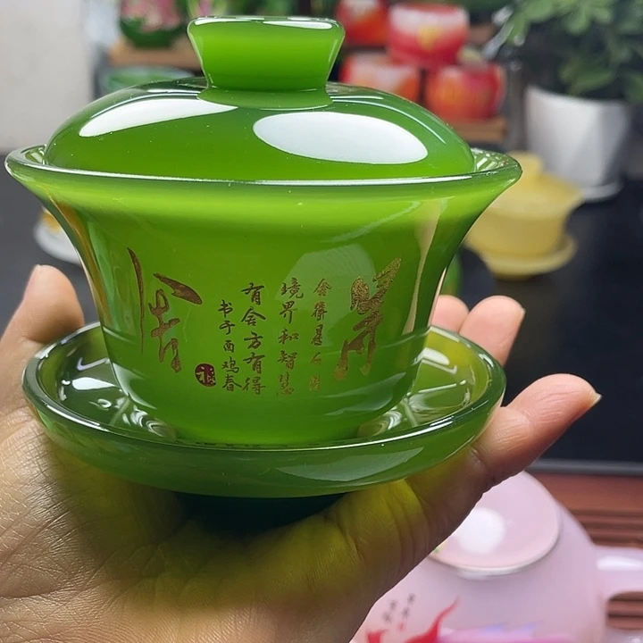 手工艺品琉璃玉瓷琉璃帝王绿盖碗