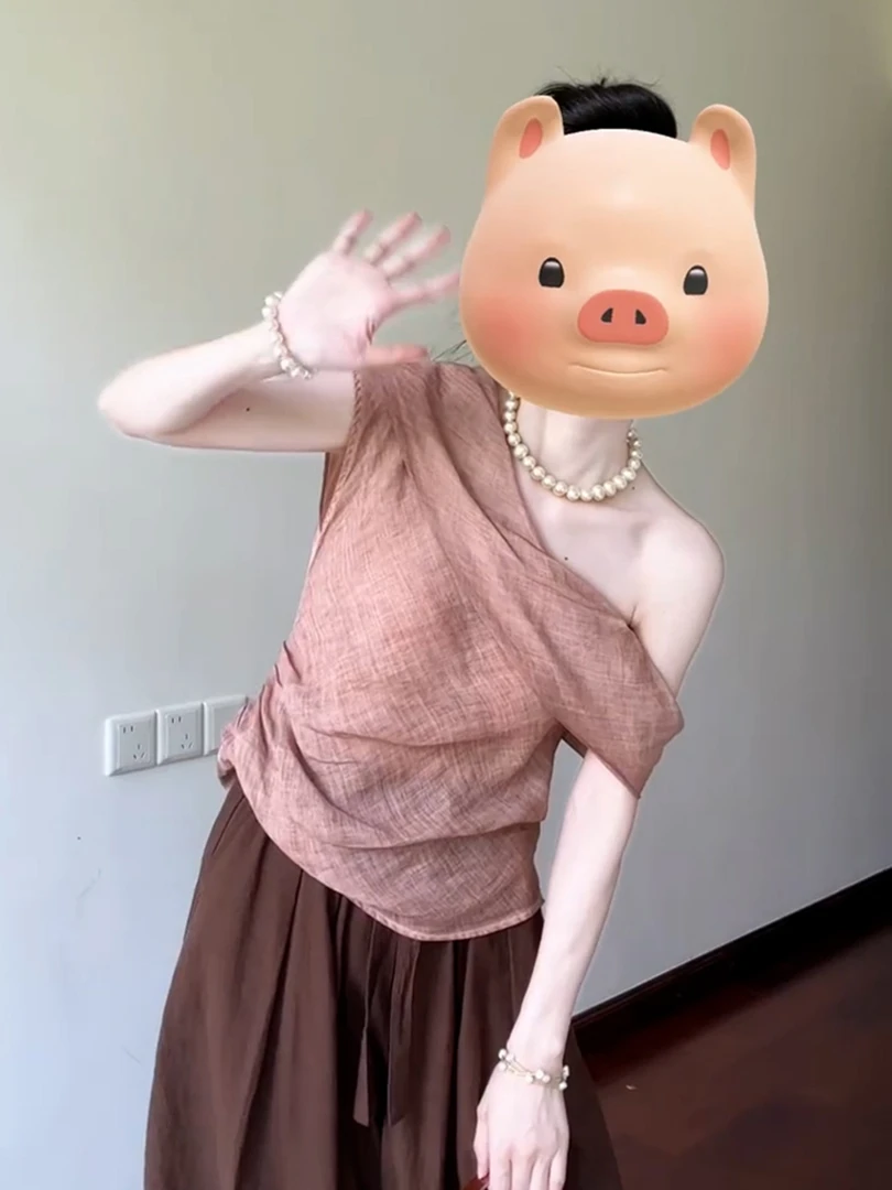 2025超火减龄茶里茶气别致上衣减龄慵懒松弛感超好看斜肩衬衫女夏