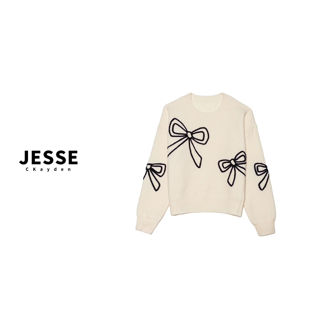 设计师上衣毛针织衫女秋冬宽松圆领白色蝴蝶结SS0395