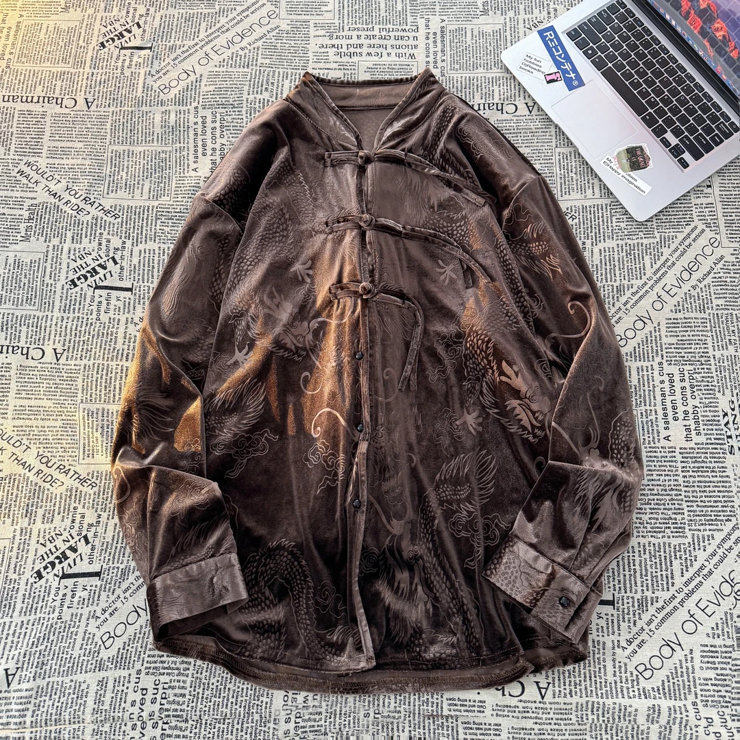 中国风居士服外套男秋季中式立领中山装夹克大码宽松龙纹提花汉服