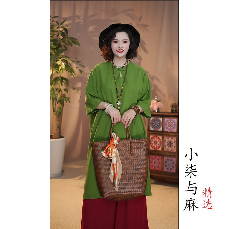 【小柒与麻】（衣长89胸围126）雨露麻单粒扣侧开叉五分袖茶服