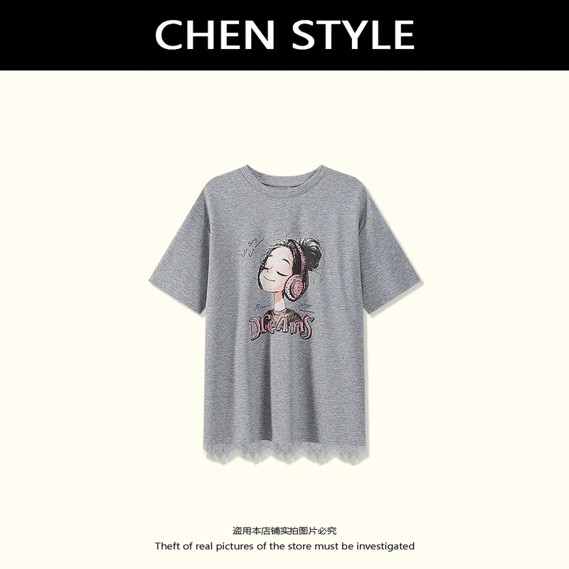 楚楚君【音乐女孩】夏款韩版休闲圆领卡通印花镂空短袖T恤上衣