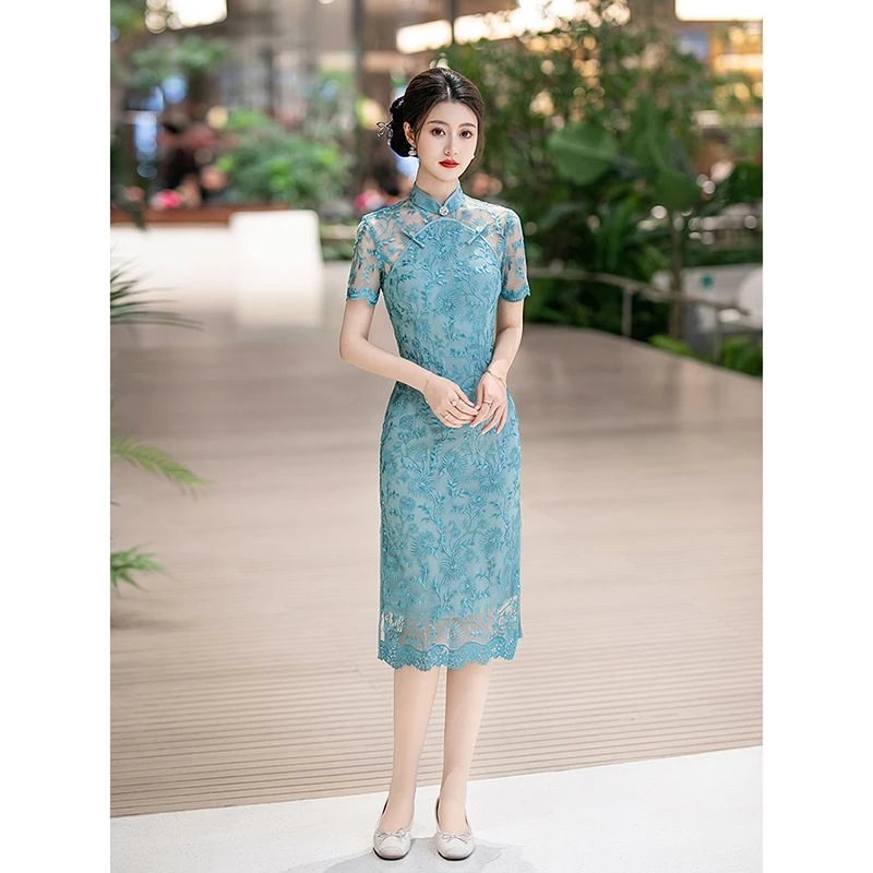 淑女温柔风蓝色蕾丝高端年轻小个子日常气质优雅中长款旗袍连衣裙