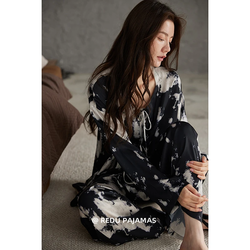 热妒睡衣女春秋季冰丝带胸垫一体长袖长裤休闲可外穿家居服套装