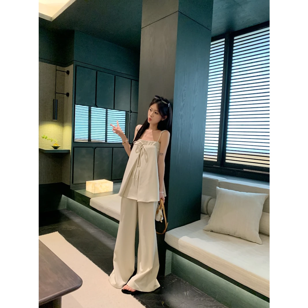 老钱风时尚露背抹胸吊带上衣女夏季宽松显瘦休闲阔腿长裤两件套装