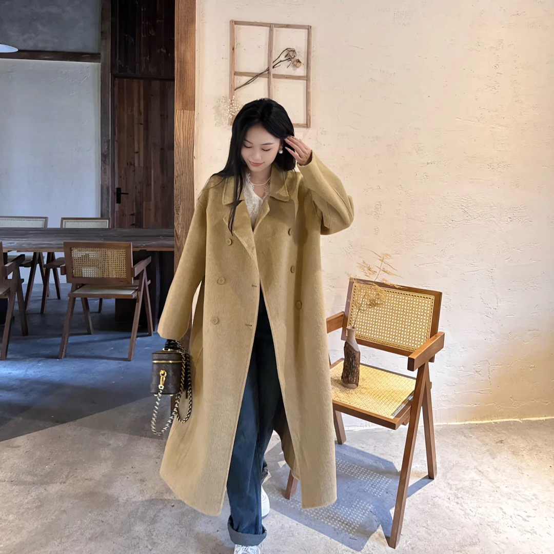 宽松慵懒显瘦遮肉气质百搭时尚双排扣中长羊毛大衣女秋冬