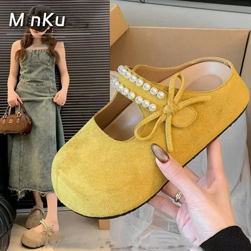 奶冻菠萝包~百搭勃肯拖鞋增高女夏厚底包头拖蝴蝶结软底卡皮巴拉