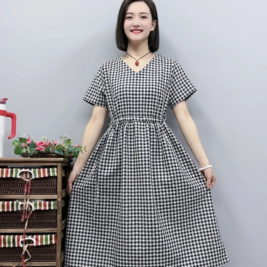 1133新款夏季短袖时尚百搭休闲气质收腰长款大摆a字圆领连衣裙