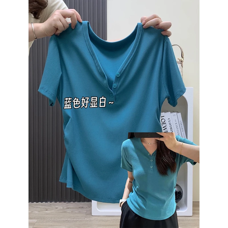 大码200斤法式V领正肩掐腰纯色短袖t恤女夏季气质百搭遮肉上衣ins
